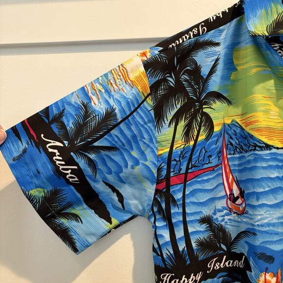 Rima Hawaiian Shirt Men Small Blue Aruba One Happy Island Beach Sunset Vacation - Picture 5 of 11